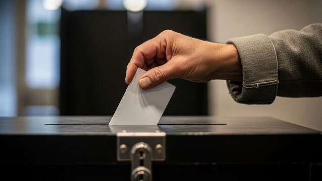 A hand inserting a folded piece of paper into a ballot box.