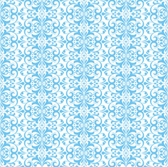 Fototapeta premium Wallpaper in the style of Baroque. White and blue floral ornament. Seamless vector background. Graphic pattern for fabric, wallpaper, packaging. Ornate Damask flower illustration