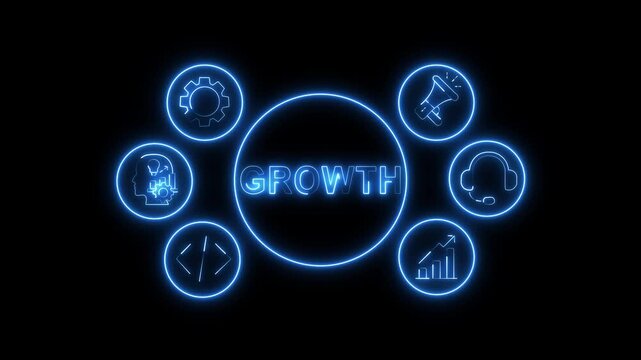 Business Growth Concept &ndash; Blue Neon Animation with Analytics & Comparison Icons on Black Background