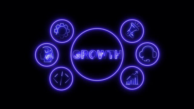 Business Growth Concept &ndash; Blue Neon Animation with Analytics & Comparison Icons on Black Background