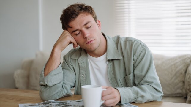 Tired man sleeping at home with coffee and newspaper on the table