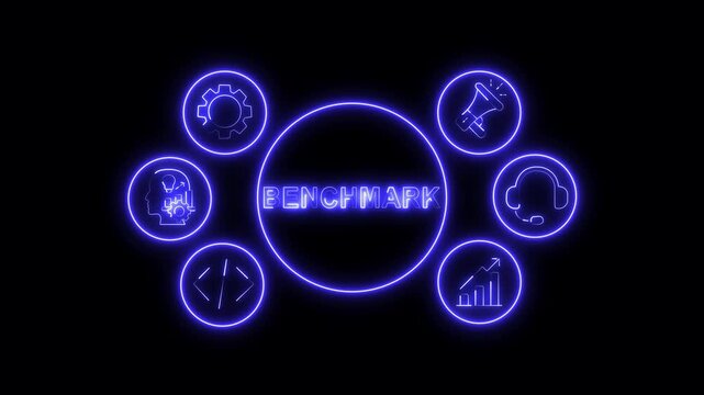 Benchmark Business Performance Concept Blue Neon Animation with Analytics and Comparison Icons on Black Background