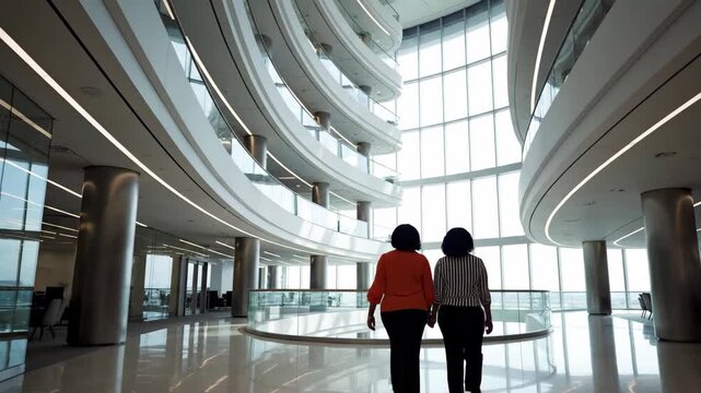 Two women holding hands in a modern, bright, multistory atrium with curved architecture and large windows