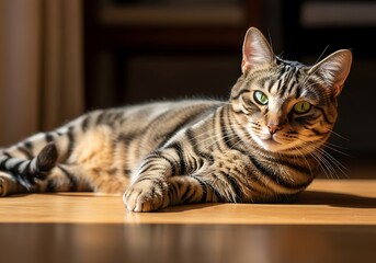Feline companion rests peacefully bathed in warm sunlight on a wooden surface