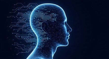 Obraz premium Blue digital human head profile with circuitry and data streams, representing ai.