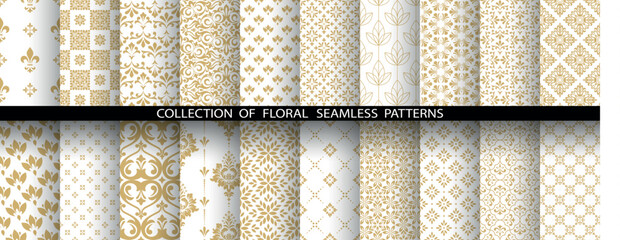 Geometric floral set of seamless patterns. White and golden vector backgrounds. Damask graphic ornaments