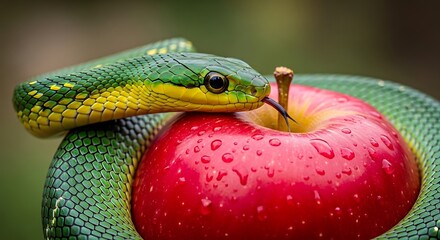 Vivid green reptile coils tightly around a glistening, dew-covered crimson fruit