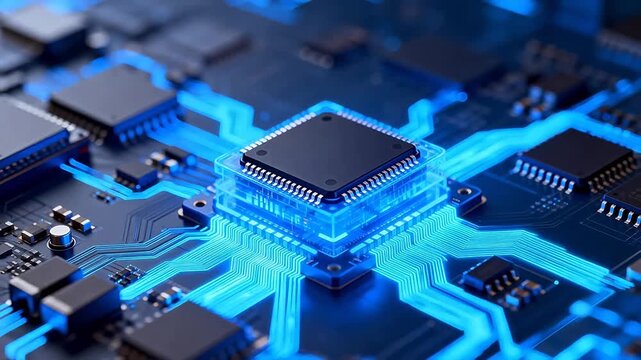 Closeup of a glowing computer chip