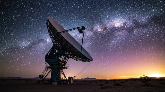 Large radio telescope dish under a brilliant starry night sky and the milky way