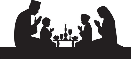 Family praying together at a table with food and drinks
