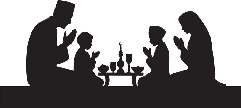 Family praying together at a table with food and drinks
