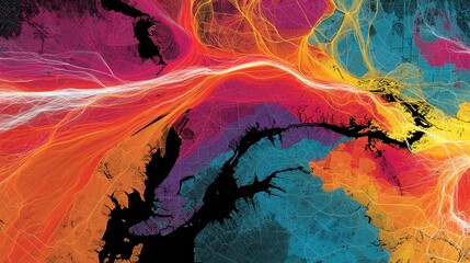Vibrant Abstract Map Visualization of City Network and Flow Patterns