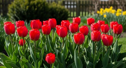 Fototapeta premium Vibrant red tulips display their blossoms surrounded by lush green foliage in a sunny garden setting.