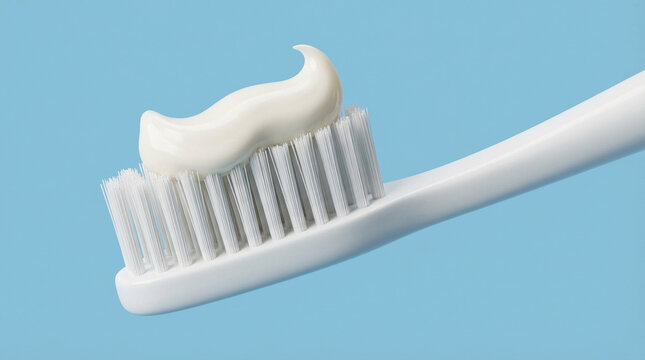 Close-up of a white toothbrush with toothpaste on light blue background. Ideal for dental hygiene, oral care, and health concepts. Clean, minimalistic design for healthcare and beauty projects.