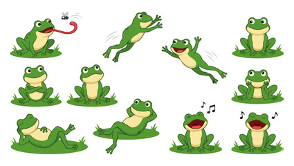 Cartoon Frogs Vector Set – Cute Green Frogs in Funny Poses on png Background, cartoon frog, frog vector, cute frog, green frog, funny frog, frog character, animal cartoon, amphibian, wildlife png,  © TalalAhmad