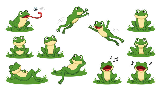 Cartoon Frogs Vector Set &ndash; Cute Green Frogs in Funny Poses on png Background, cartoon frog, frog vector, cute frog, green frog, funny frog, frog character, animal cartoon, amphibian, wildlife png, 
