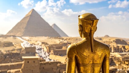Golden statue with detailed headdress, gazing toward the iconic pyramids in the sun-drenched desert of an ancient civilization