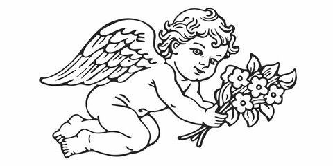 A charming vintage illustration of an angel holding a bouquet of flowers