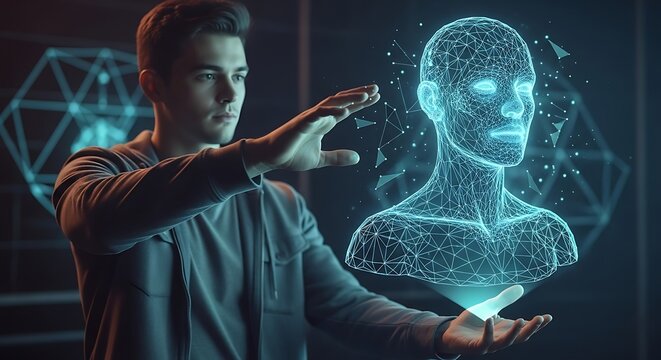 Young man manipulates glowing digital wireframe bust with both hands in dark setting