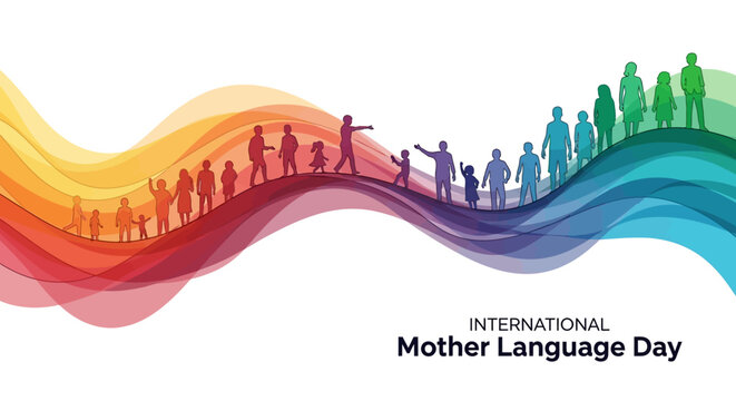 Vibrant illustration of diverse people standing on a wavy, multicolored line, celebrating International Mother Language Day with a background of linguistic diversity and cultural heritage.