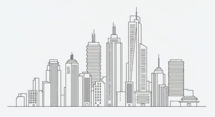 Minimalist City Skyline Line Art Illustration of Modern Urban Skyscrapers and Buildings