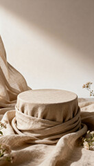 Round fabric-covered pedestal sits on soft beige draped fabric, surrounded by delicate flowers, creating a serene and elegant atmosphere for display or presentation purposes
