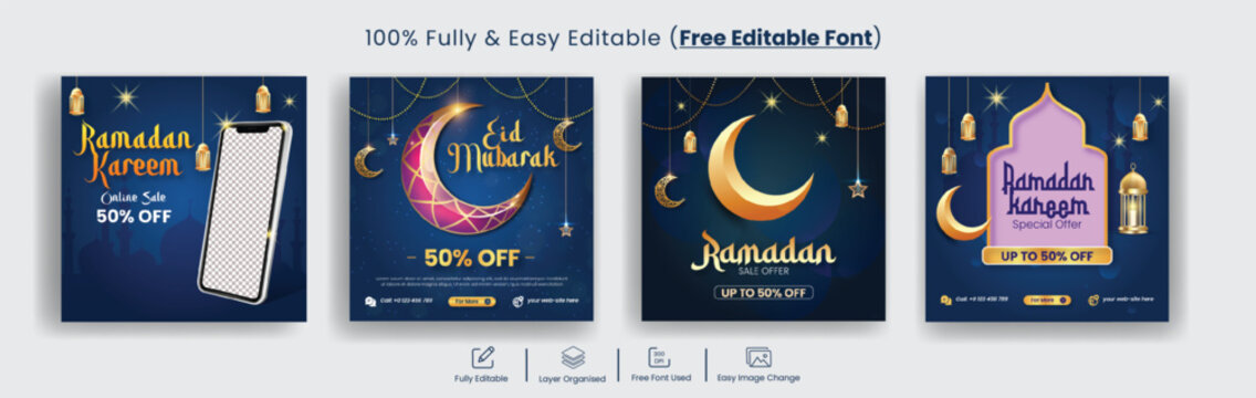 Ramadan Kareem Sale Promotion Social Media Posts Templates Bundle with Islamic Ornament Decoration Background for Marketing Ads, Web Banners, Flyers, Posters, Greeting Cards Designs