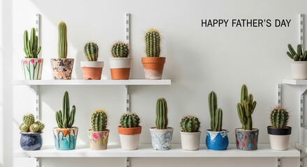 Variety of cacti in colorful pots on white shelves for Father's Day