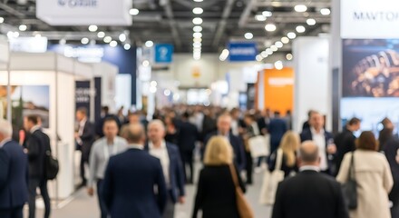 Fototapeta premium Busy trade show floor with many attendees and booths.
