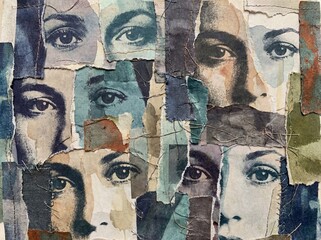 Fototapeta premium Abstract mixed media collage of torn paper fragments with printed human eyes and messy stitching