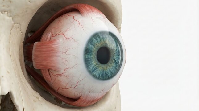 Anatomical illustration of a human eye, showcasing its intricate structures within the orbital socket, highlighting the iris, pupil, and surrounding muscles.