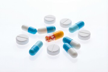Assorted medical pills and blue capsules surrounding a unique orange capsule with colorful beads