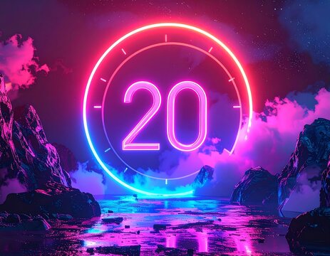 A neon-lit clock face with the number 20 in a futuristic landscape