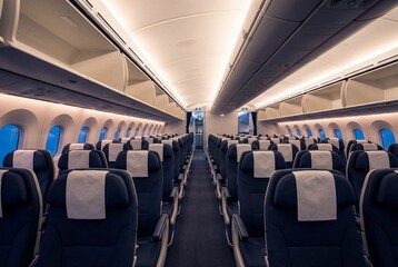 Empty airplane cabin aisle with rows of dark blue seats and open overhead luggage bins