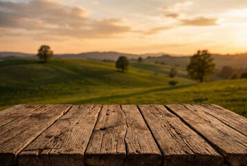 Empty rustic wooden table top surface with blurred green rural landscape at sunset