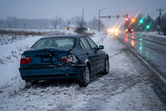 Damaged blue sedan on snowy roadside with rear impact damage during winter evening