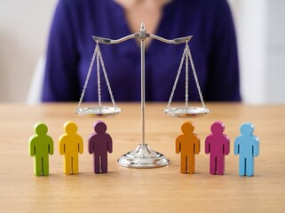 Silver balance scale and colorful wooden figures on desk symbolizing equality diversity and justice