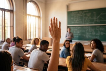 Obraz premium Student raising hand to answer question in sunlit classroom
