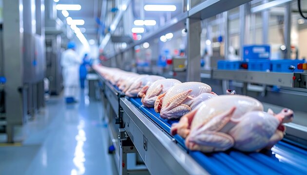 Modern Poultry Processing Plant Conveyor Belt with Raw Chickens.