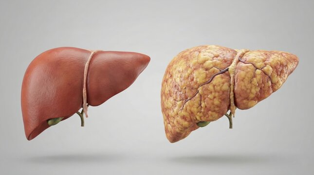 Comparison of a healthy human liver with a diseased, cirrhotic liver showing damage and discoloration.