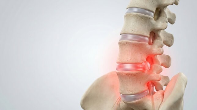 A detailed 3D rendering of the human lumbar spine and sacrum, showing inflamed or damaged intervertebral discs highlighted in red, indicating back pain or spinal issues.