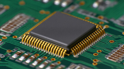 A close-up view of a microchip on a green circuit board