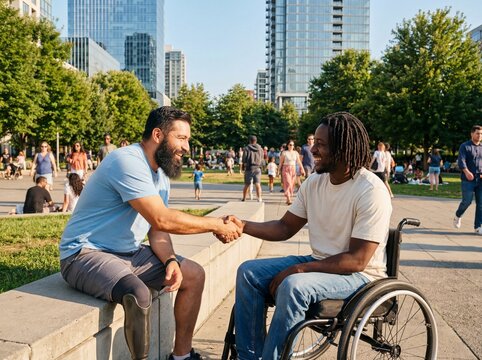 Happy man in wheelchair shaking hands with an amputee friend sitting on a wall in a city park