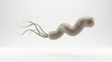 Fototapeta premium A detailed 3D rendering of a single helical bacterium with multiple flagella, likely Helicobacter pylori, against a clean white background.