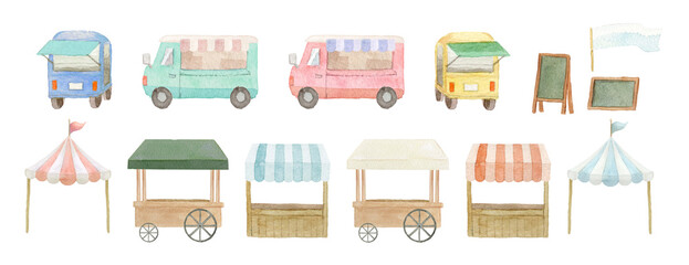 Watercolor food truck and market stall collection, colorful kitchen cars, festival tents, and mobile catering carts for outdoor event design.-300dpi- © SHIRO