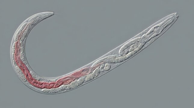 A microscopic view of a translucent nematode worm, showcasing its internal anatomy and elongated body structure.