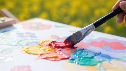 Obraz premium Girl sketching in rapeseed field