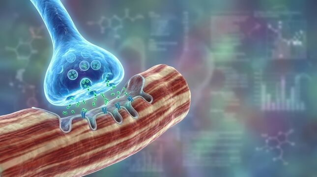 Detailed 3D illustration of a neuromuscular junction showing a neuron transmitting signals to a muscle fiber via neurotransmitters across the synaptic cleft, with a scientific background.