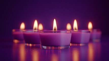 Close-Up of Six Diwali Candles on Purple Background with Copy Space, Hindu Festival of Lights Celebration