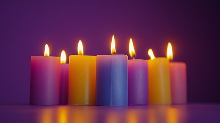 Close-Up of Six Diwali Candles on Purple Background with Copy Space, Hindu Festival of Lights Celebration